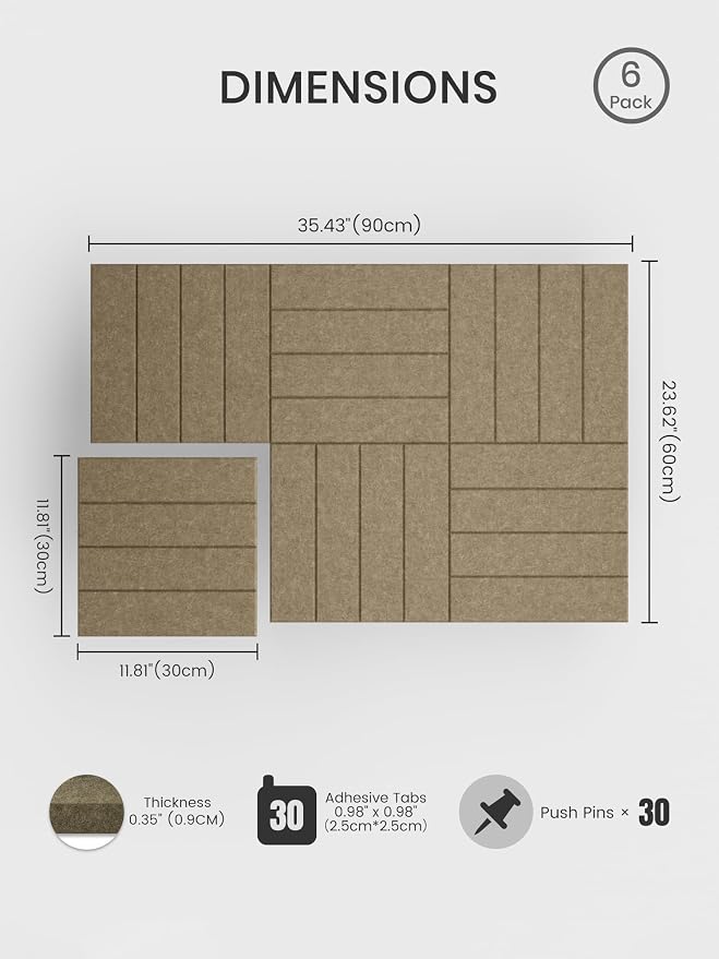 Bumusty 36"x 24" Large Felt Bulletin Board Tiles, Earth Brown | 6-Pack Cork Board Alternative, Wall Decor, 30 Pushpins, 30 Adhesive Tabs, Vision Board, Office, Classroom, Home, Dorm - Image 2