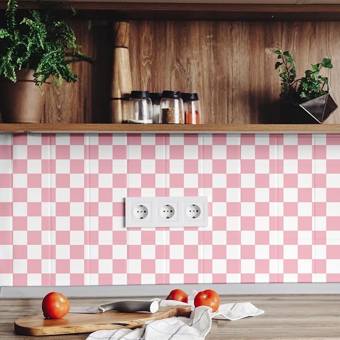 Drydiet Light Pink Checkered Peel and Stick Wallpaper 15.75'' x 118" | Plaid Funky Checkered Contact Paper, Waterproof Contact Wallpaper, Vintage Gingham Decor for Room Bathroom Cabinet, Trendy - Image 4