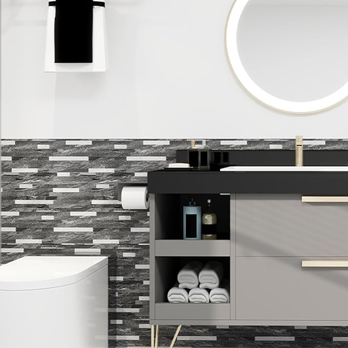KASARO Peel and Stick Marble Backsplash Tile, 10 Sheets, Black Marble with Silver Embellished Stripes, Self-Adhesive Wall Tile for Kitchen, Bathroom, Fireplace, RV (11.4” x 10.6”) - Image 3
