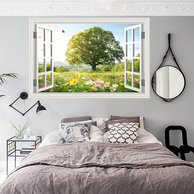 Fake Window Wall Sticker Decal Spring Green Grassland Tree Faux Window Flowers Poster Picture Open Wall Art Decor, Stick and Peel Landscape Natural Scenery Canvas Scene Mural,16"x24" - Image 6