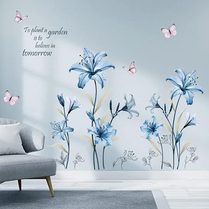 wondever Blue Lily Flower Wall Decals Floral Butterfly Wall Stickers | Peel and Stick, Removable, Wall Art Decals, Wall Decoration, Living Room Bedroom, Office Sofa TV Home Wall Decor by wondever