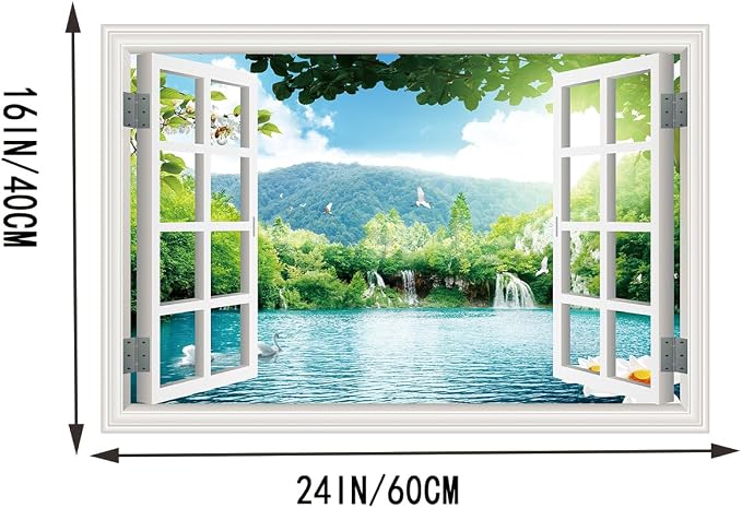 ‌Lmyhome Fake Window Wall Mural -Spring Lake Landscape Peel and Stick Wall Sticker Decal for Home Decor (16"x24") - Image 3