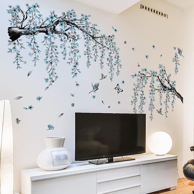 Blue Cherry Blossom Wall Stickers, Spring Watercolor Blue Flower Tree Wall Decals Bird Butterfly Peel and Stick Wall Murals Decor for TV Background Living Room Bedroom (Ink Blue) - Image 2
