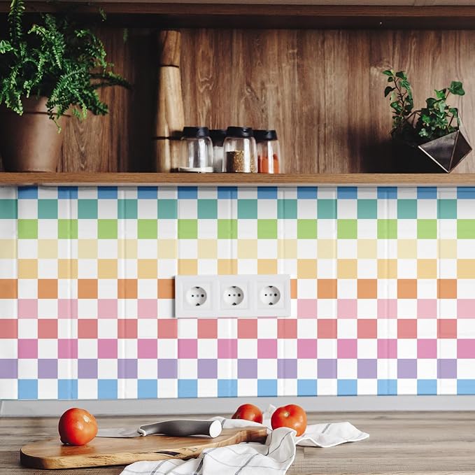 Drydiet Checkered Peel Stick Contact Paper Rainbow Color 15.75'' X 118" | Waterproof Self-adhesive Tile for Bathroom, Cabinet Walls, Vintage Gingham Funky Decor, Removable Peel off Wallpaper - Image 5