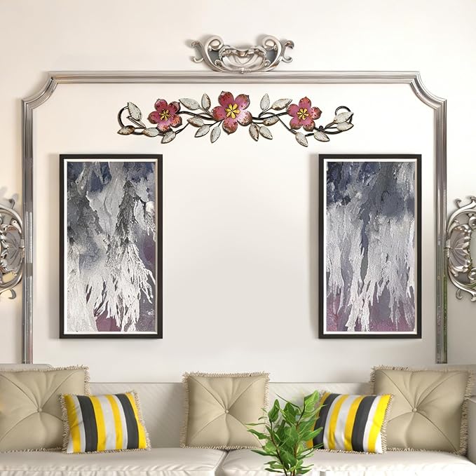 Wesiti Metal Flower Wall Decor Wrought Iron Scroll 15.7x3.7,Pink | Vintage Metal Flower decor,Farmhouse Leaf Art with Nails, Flat Not 3D Design, For Bedroom Kitchen Indoor Outdoor Wall Decor - Image 5