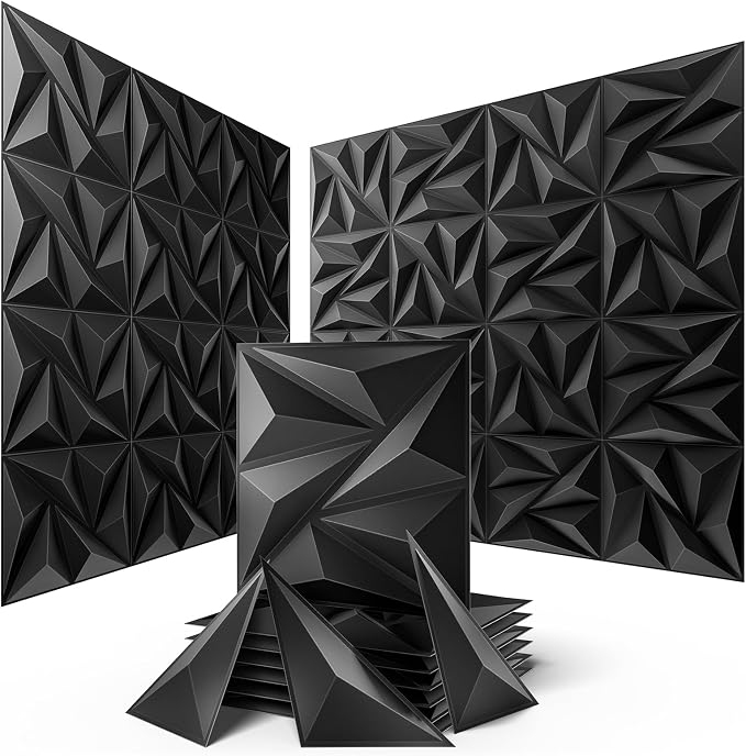 Sonicism Wall Panels Upgrade 12 Pack,0.7”x11.8”x11.8”Pyramid 3D Wall Panels Creative Cutting,PVC Wall Panels for Interior Wall Decor Fire Resistant,Wall Tiles for Various Scenes(Charcoal Black) by Sonicism