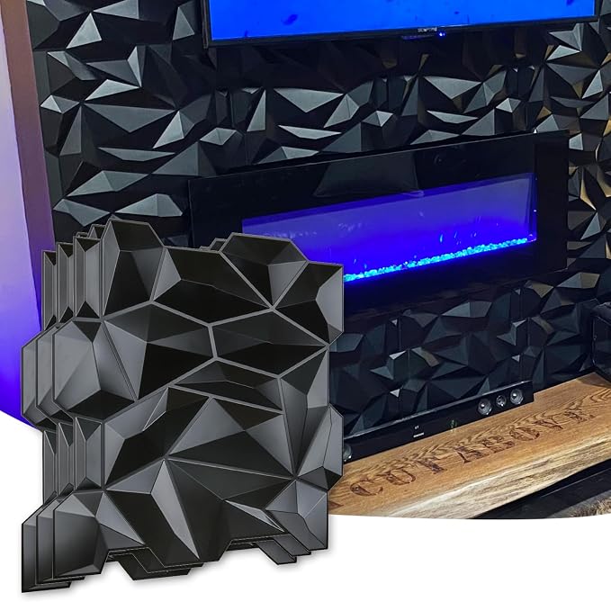 Art3d Decorative 3D Wall Panels 12 Pack 19.7" x 19.7" PVC 3D Diamond Wall Panel for Residential and Commercial Interior Decor, Jagged Matt Diamond Black by Art3d