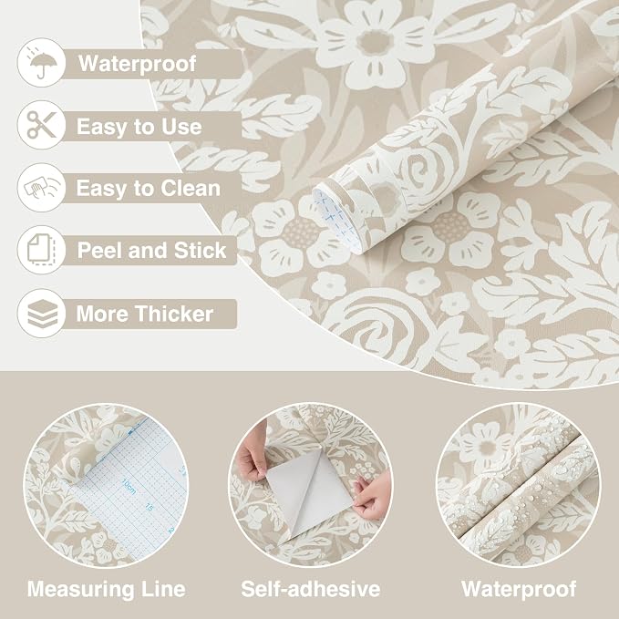 Toduso Peel and Stick Wallpaper Boho Beige Wallpaper Floral Contact Paper Removable Self Adhesive Waterproof Wall Paper for Bathroom Bedroom Living Room Thicken Vinyl Roll 17.3" x 393.7" - Image 6
