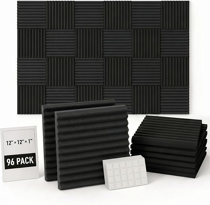 96 Pack Allxinlog Absorb the echo Acoustic Foam Panel Wedge Studio Soundproofing Wall Tiles 12" X 12" X 1"(Accompanied By Double-Sided Adhesive Tape) (96-BLACK) by XIN%26LOG