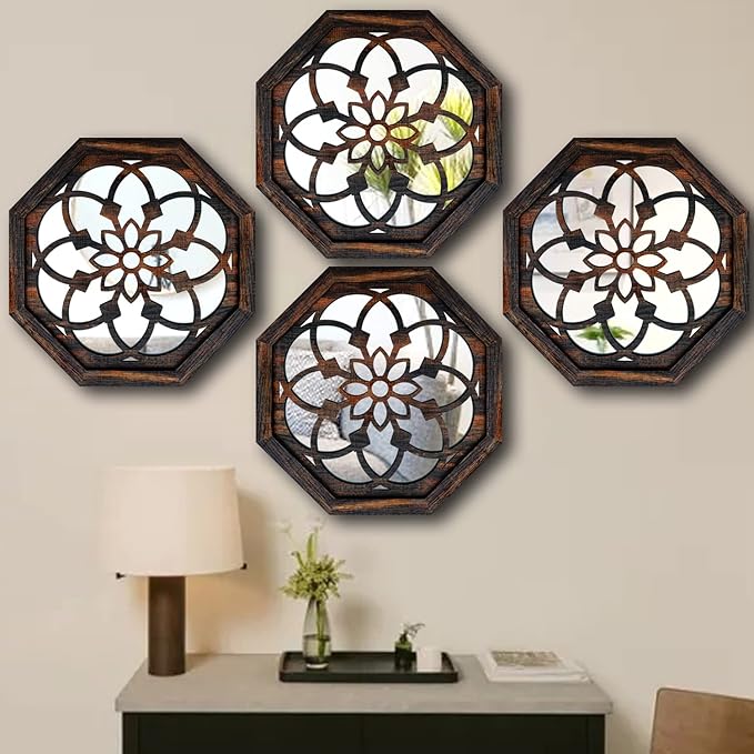 ZOLAPI 2-Piece Octagon Wall-Mounted Mirrors,Vintage Farmhouse Mirror for Wall Decor,Caramel Color Decorative Accent Mirror for Foyer, Bathroom, Bedroom. (12”x12”) - Image 5