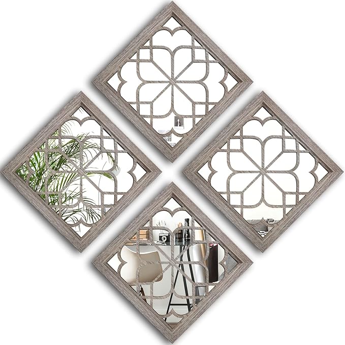 Wocred Set of 4 Mirrors Square Wall Mirror,Gorgeous Rustic Farmhouse Accent Mirror,Barn Wood Color Entry Mirror for Bathroom Renovation,Bedrooms,Living Rooms and More(12”x12”-4pcs) by Wocred