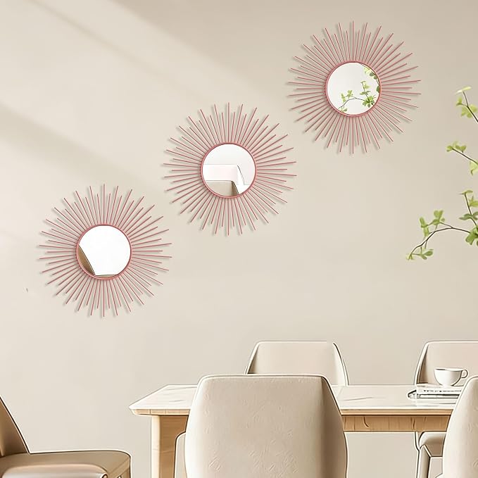 3 Pack Metal Mirrors for Wall Sunburst Wall Mirrors Home Décor Decorative Hanging Wall Art for Living Room Bedroom Entryway (Pink, Sunburst) - Image 4