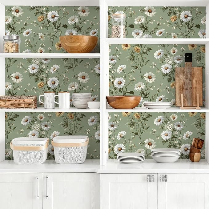 Livebor Floral Peel and Stick Wallpaper Green Wallpaper 16.9in x118.1in | Daisy Floral Contact Paper Flower Wallpaper Peel and Stick Modern Self Adhesive Removable Wall Paper for Bedroom Vinyl - Image 7