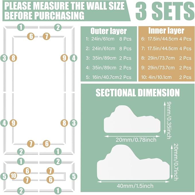 Pangda 3 Set Peel and Stick Wall Molding Kit Panel, 48x70in | Premade, Wainscoting Accent Panel, Wall Moulding Kit, 3D, for Interior and Outer Layer, Ready to Assemble, Accent Molding - Image 2