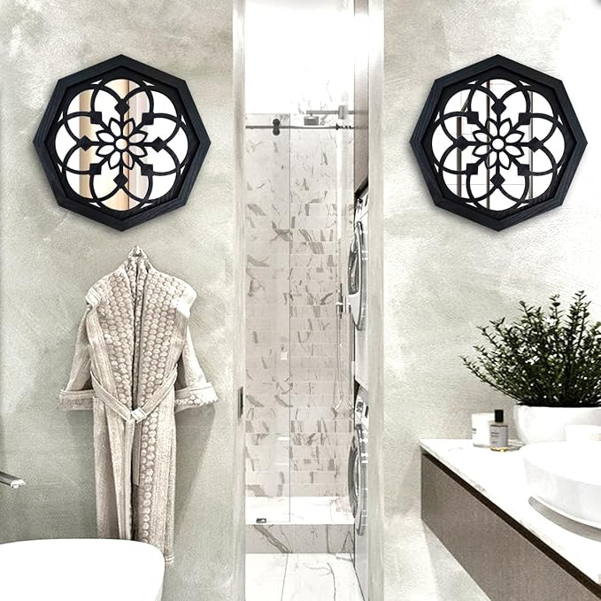 ZOLAPI 2-Piece Octagon Wall-Mounted Mirrors,Vintage Farmhouse Mirror for Wall Decor,Black Decorative Accent Mirror for Foyer, Bathroom, Bedroom. (12”x12”) - Image 3