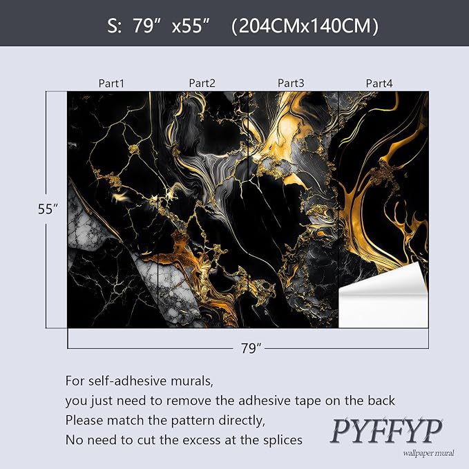 PYFFYP-Abstract Black and Gold Marble Peel and Stick Wallpaper murals - Image 5