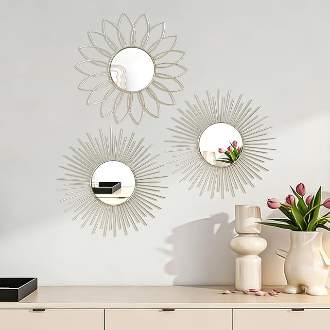3 Pack Metal Mirrors for Wall Sunburst Wall Mirrors Home Décor Decorative Hanging Wall Art for Living Room Bedroom Entryway (Silver2, Flower+Sunburst) - Image 6