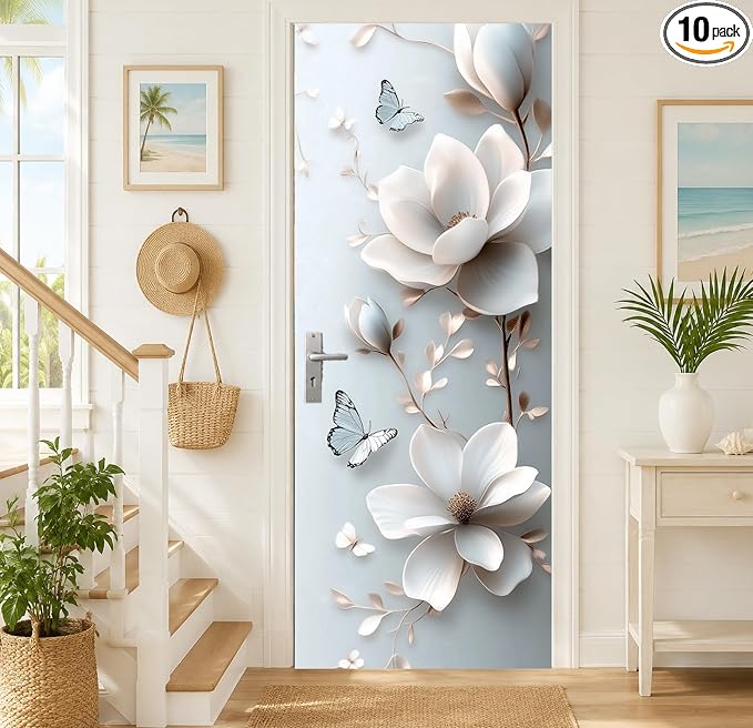 White Magnolia Door Mural, Butterfly Floral 3D Door Cover | Waterproof PVC, 30.3" W x 78.7" L; white magnolia design for bedroom, living room, office or closet doors. by Cmialusie