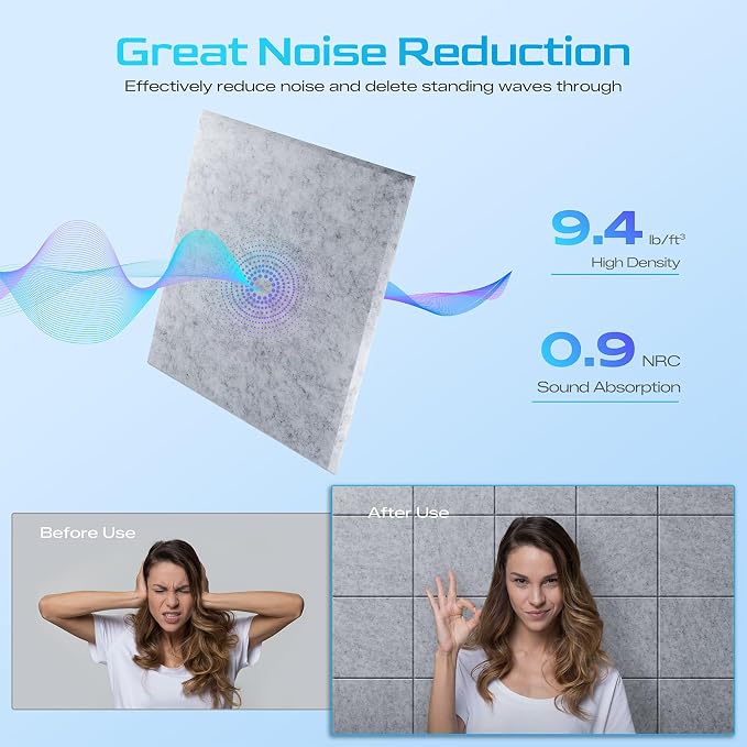 12 Pack Self-Adhesive Acoustic Panels, 12" X 12" X 0.4" High-Density Polyester Sound Proof Foam Panels for Walls, Soundproof Wall Panels for Home & Office (Sliver Gray) - Image 3