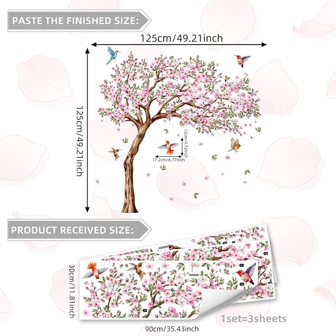 Large Pink Flower Tree Wall Decals Cherry Blossom Floral Branch Wall Stickers Peach Flower Birds Home Art Decals Stickers Living Room Bedroom Tv Background Wall Decor - Image 2