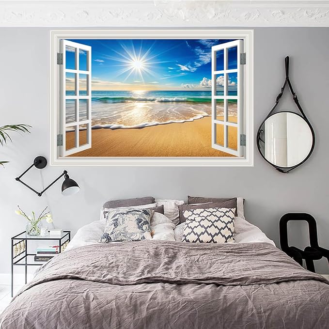 Large Murals 66"x48" Fake Window Wall Mural Sticker Beach Ocean Sea Faux Window Wall Cling Art Picture Office Poster Coastal Decals Decor, Stick and Peel Landscape Natural Scenery Scene - Image 6