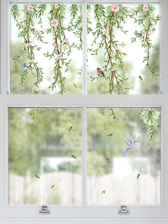 Hanging Vine Wall Stickers - Bird Green Leaves Flowers Decal Peel and Stick Removable Wall Art for Bedroom Living Room Nursery Window Glass Home Decor,30.5 cm x 50.5 cm - Image 4