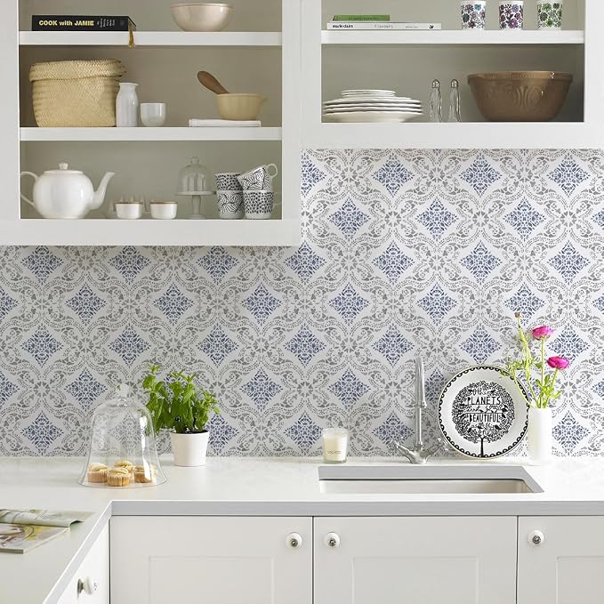 Peel and Stick Wallpaper Blue Wallpaper for Kitchen 16.9" x 118.1" | Blue Geometric Wall Paper for Bathroom Waterproof Boho Self Adhesive Removable Contact Paper Backsplash Decorative Vinyl - Image 3
