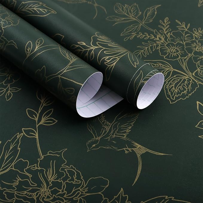 Froluya Green and Gold Peel and Stick Wallpaper for Bathroom 17.7in×590.5in | Dark Green Floral Wallpaper Vintage Contact Paper Peel and Stick Flowers Birds Removable Self Adhesive Cabinets Wall Paper by Froluya