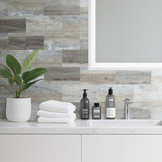 AULIGET 20-Piece Peel and Stick Backsplash Wall Tiles, 6" x 12" Vintage Wood PVC Faux Stone Stick on Tiles for Backsplash Kitchen - Image 5