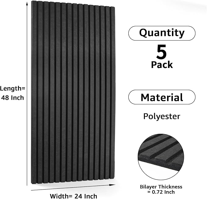 Art3dwallpanels Acoustic Panels, 48" X 24" X 0.71", Black, 5 Pack | Soundproof Wall Panels, Self Adhesive, High Density Sound Absorbing, Acoustic Treatment for Recording Studio, Office - Image 2
