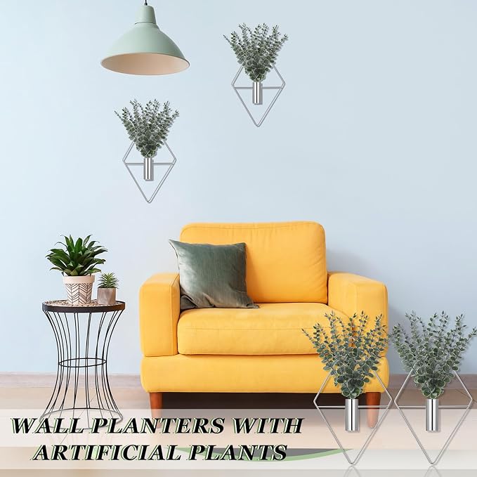 Jexine 8 Pcs Hanging Artificial Planters Wall Decor, Chrome, Eucalyptus | Bathroom Wall Decor, Geometric Metal Vase, Indoor Plants, Living Room, Home Office, Entryway, Boho Accent, Wall Mounted - Image 4
