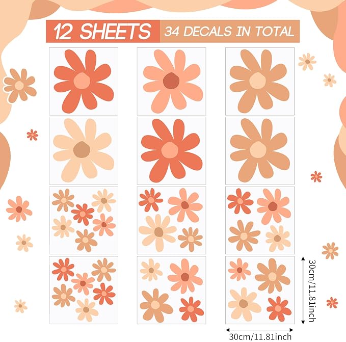 TaoBary 12 Sheet Daisy Wall Sticker Decal,Orange,Colorful Style | Big Flower Wall Sticker, Pink White Floral Decal, Daisy Bedroom Room Decor, Removable Peel and Stick, Nursery Home Wall Decor - Image 2