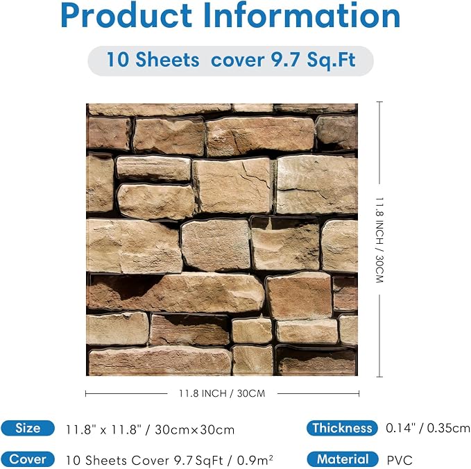 COMSTICKC 3D Peel and Stick Faux Stone Wall Panels for Quick DIY Wall Decor | 10 Pcs 11.8" x 11.8", Not Real Stone, Lightweight Thin PVC Decorative Tiles Wall Sticker Wallpaper, Cover 9.7 sq ft - Image 3