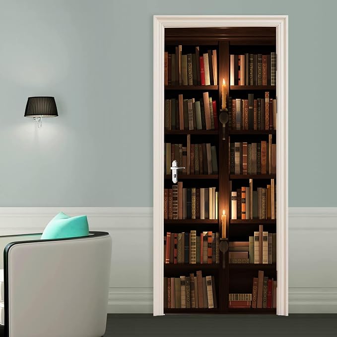 artfanke 3D Retro Book Shelf Door Sticker Peel and Stick 30.3"x78.7" - Self-Adhesive Door Murals Wallpaper Waterproof PVC Wall Decal for Bedroom Decor (2 Sheets/Set) - Image 5