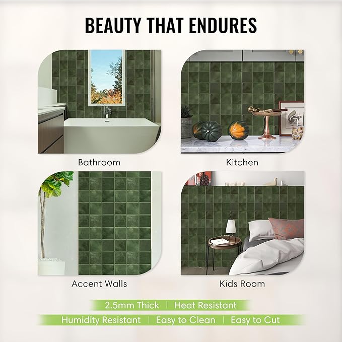 Select 5 Pack Peel and Stick Backsplash Square Tiles, 12x12 in, Green | Extra Thick 3D Wall Panels, Heat & Water Resistant, Easy DIY Kitchen, Bathroom, Laundry, Fireplace & Rental Home Wall Décor - Image 3