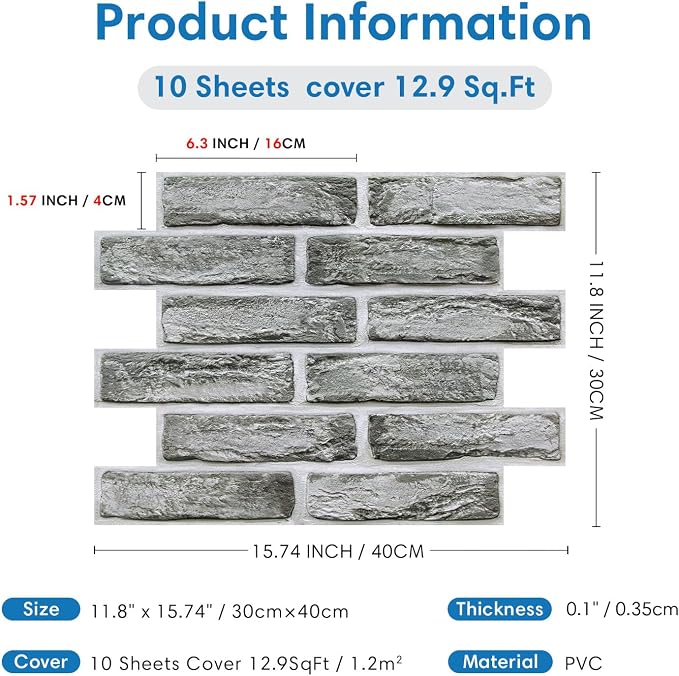 COMSTICKC 3D Faux Brick Wall Panels Peel and Stick Decorative Tiles Sticker | 10 Pcs 15.7" x 11.8", Distressed Green-Grey, Not Real Brick, 3D Fake Brick Wallpaper for Interior Decor, Cover 12.9 sq ft - Image 5