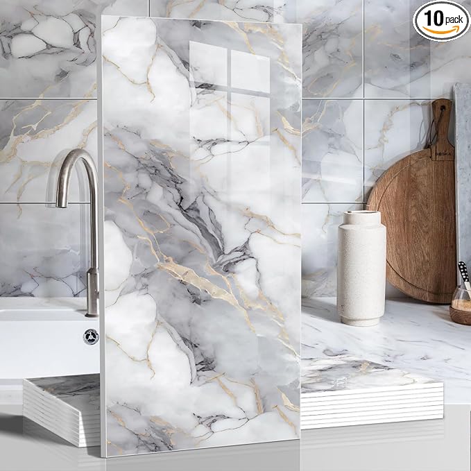10pcs Thick Marble Peel and Stick Waterproof Wall Panels,Heat-Resistant Backsplash Tile, 23.6"x11.8" PVC Foam Wall Sticker for Kitchen,Living Rooms,TV Walls,Colorful (Not Real Tile 19.4Sq. Ft.) by Chejiaye