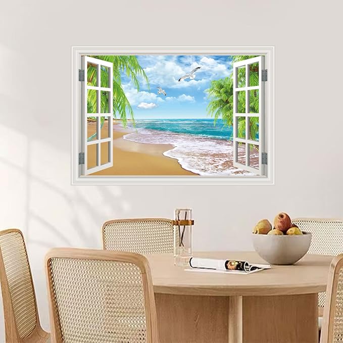 Fake Window Wall Murals Peel and Stick - Beach View Window Wall Art Decal Poster for Living Room - Window Posters for Wall Office - Removable Wall Stickers for Bedroom Decor 48" x 32" Set of 2 Sheets - Image 2