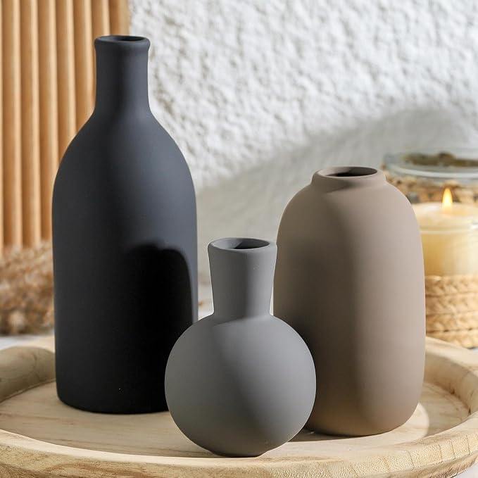 Ceramic Vase Set of 3, Rustic Farmhouse Vases Home Decor Pottery Pampas Vase Decoration Modern Neutral Flowers Vases for Room Decor, Entryway, Living Room, Table, Kitchen, Bedroom - Multicolor by ooit