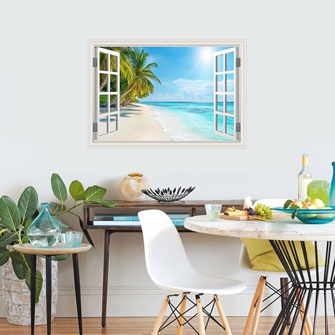 Fake Window Wall Decal- Summer Beach Ocean Tropical Coconut Tree Art Mural | Faux Window Seascape Natural Scenery Landscape Sticker｜ Stick and Peel Wall Decals｜for Room Bedroom Office Decor｜24"x16" - Image 9