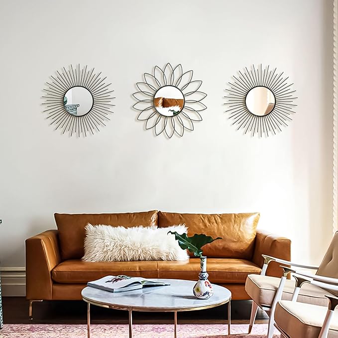3 Pack Metal Mirrors for Wall Sunburst Wall Mirrors Home Décor Decorative Hanging Wall Art for Living Room Bedroom Entryway (Black2, Flower+Sunburst) - Image 4