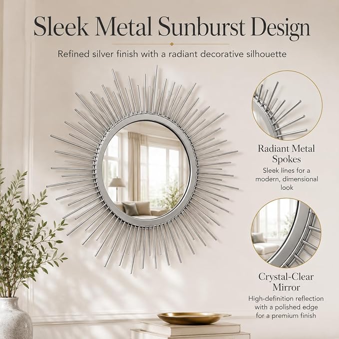 Silver Sunburst Mirror Set of 3, 3PCS Metal Round Decorative Wall Mirrors, Starburst Accent Mirror Wall Decor for Bathroom, Living Room, Bedroom & Entryway - Image 3
