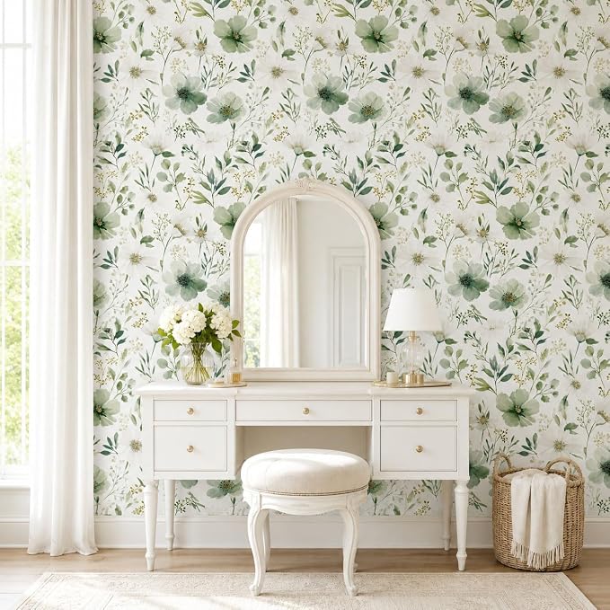 Sage Green Floral Peel and Stick Wallpaper 17.7" x 70.8" | Thick removable watercolor natural flower design for renters and bedroom accent walls - Image 7