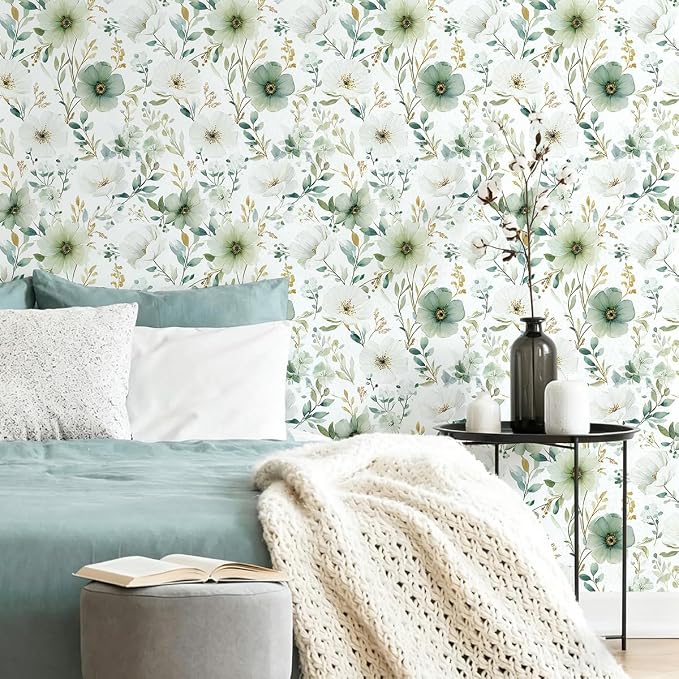 Nukofal Green Floral Peel and Stick Wallpaper for Bathroom 16.9inx118.1in | Floral Contact Paper Watercolor Flower Wallpaper Modern Green Self Adhesive Removable Wall Paper for Cabinet Decor Vinyl - Image 2