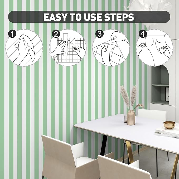 Green and White Striped Wallpaper Peel and Stick Wallpaper Self-Adhesive Removable Waterproof Wall Paper for Walls Modern Vinyl Film 17.3”x480” - Image 5