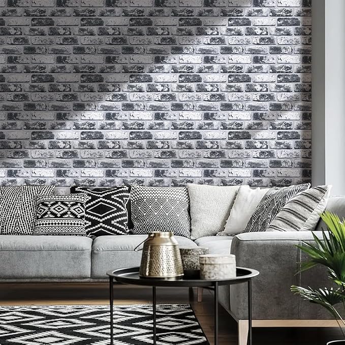 Commomy Faux Brick Panels Peel and Stick Wall Stickers 10 Pcs 11.8" x 11.8" | Small Size Thin PVC Wash Grey Fake 3D Brick Wallpaper for Kitchen,Fireplace,Home Office,Wall Covering Decor(Covers 9.7 sq.ft) - Image 2