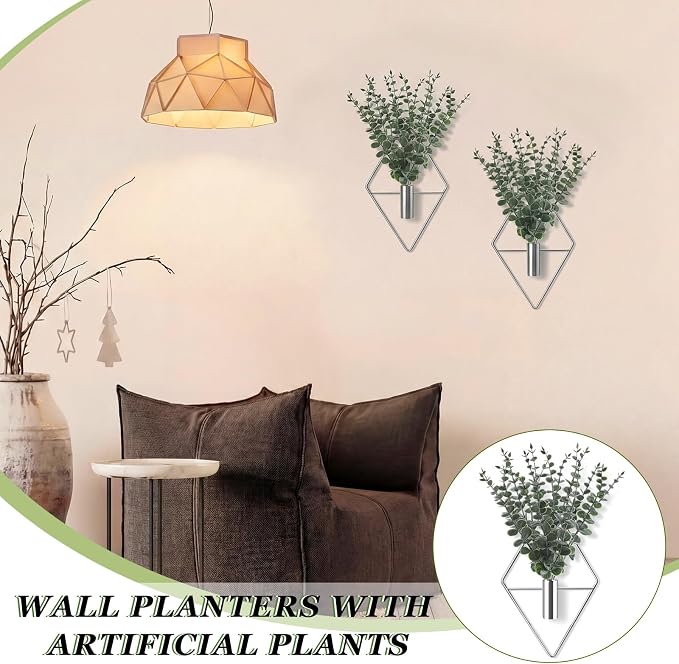 Jexine 4 Pcs Hanging Artificial Planters Wall Decor, Silver, Eucalyptus | Bathroom Wall Decor, Geometric Metal Vase, Indoor Plants, Living Room, Home Office, Entryway, Boho Accent, Wall Mounted - Image 6