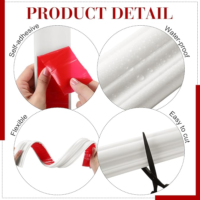 32.8ft x 2.36 Inch Flexible Peel and Stick Molding Trim for Wall, Baseboard, Backsplash, Tile Edge, Chair Rail, Mirror-self Adhesive Trim for Bathroom Wall Door Floor Corner Window, White - Image 3