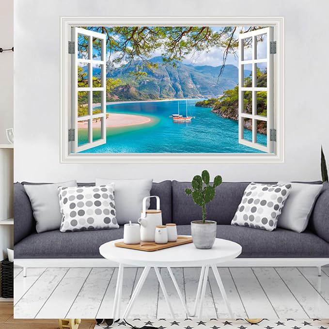Fake Window Wall Decal- Beach Seascape Mountain Forest Open Wall Sticker | Faux Window Summer Natural Scenery Landscape Mural｜ Stick and Peel Decals｜for Home Office Scene Decor｜48"x32",Set of 2 Sheet - Image 5