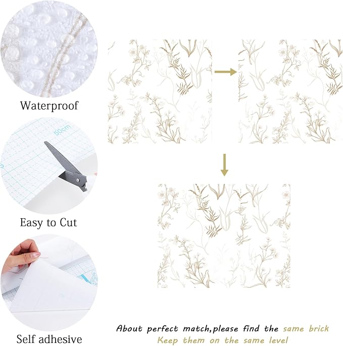 Timeet Botanical Floral Peel and Stick Wallpaper Beige Wildflower Self Adhesive Wall Paper Removable Plant Vine Wallpaper Contact Paper for Living Room Bedroom Accent Decor 17.7" x 197" - Image 6